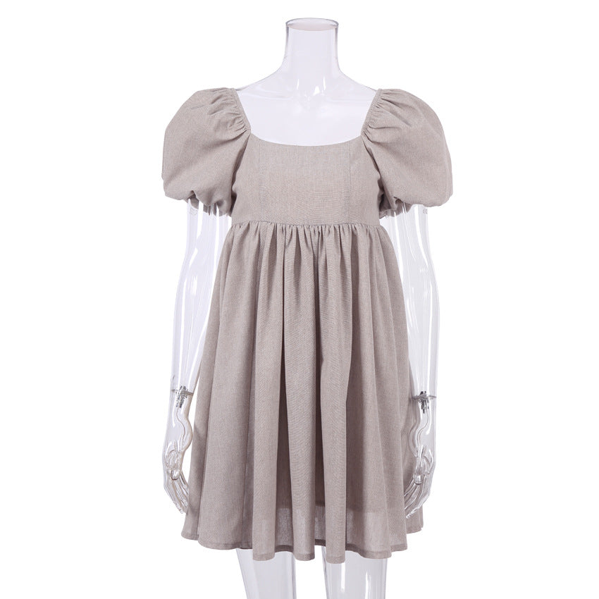 2025 popular autumn new cotton and linen dress women's clothing Popular trade sexy square neck bubble sleeves small fresh A-shaped skirt