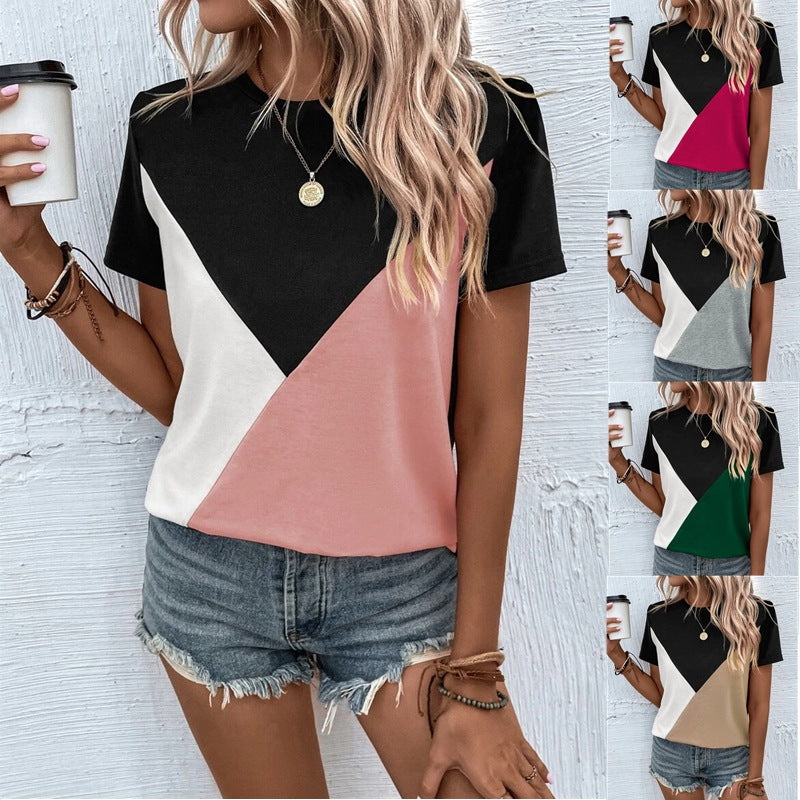 2025 Popular, , New women's clothing summer new contrasting color splicing crew neck T-shirt loose casual women's top