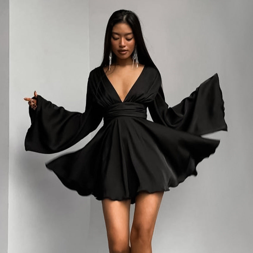 2025 Spring and summer imitation satin acetate black sexy V-neck flared sleeves slim and thin dress versatile short skirt women