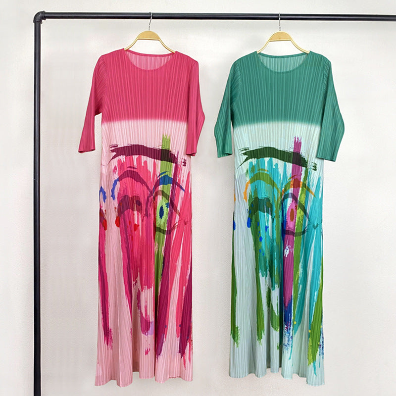 Fashion niche oil painting dress women's spring thin temperament long dress new high-end printed skirt