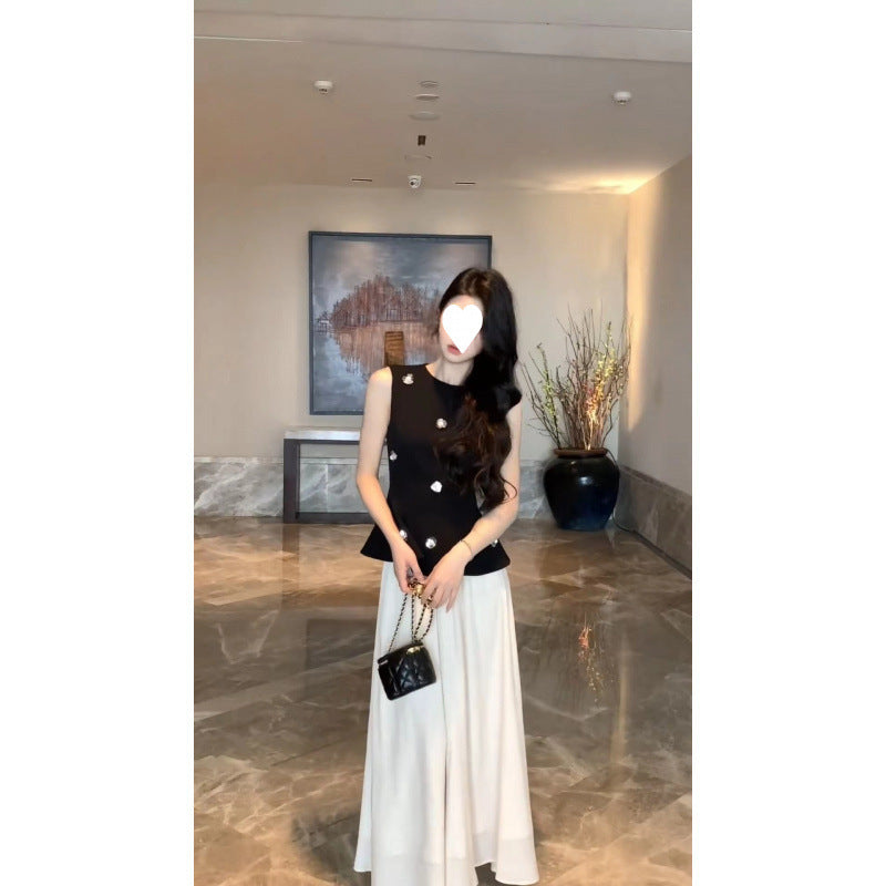 2025 summer new temperament new sleeveless black vest top slim temperament waist skirt suit women's clothing