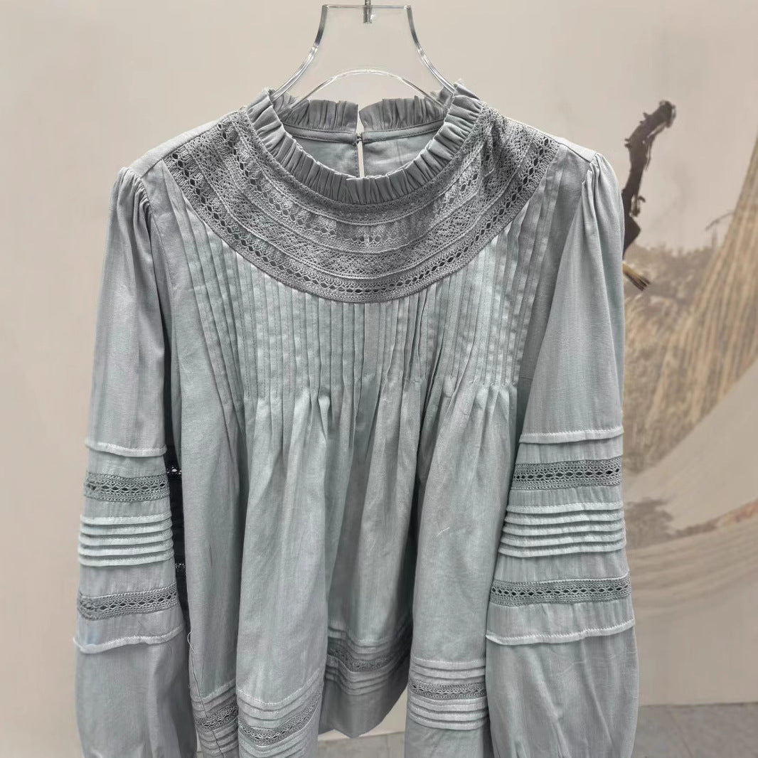 2025 shirt in autumn and winter of 24 years, new hollow splicing pleated fungus edge bubble sleeves cotton fixed-dyed shirt and top