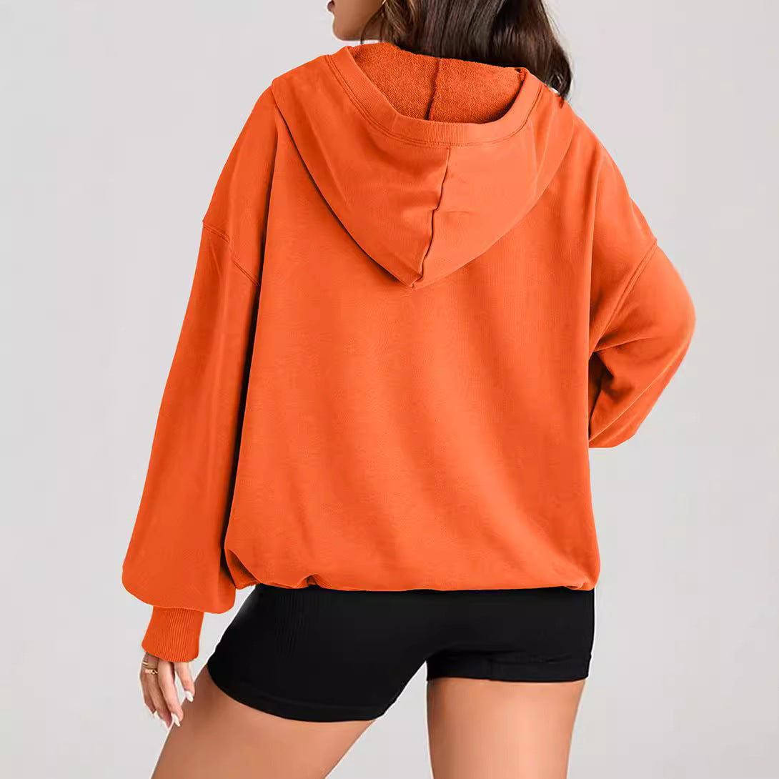 2025 autumn and winter New women's solid color long-sleeved hooded solid color zipper pocket sweater women's top