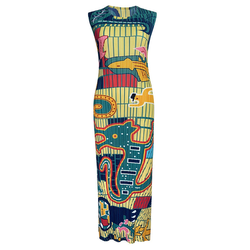 summer new elegant animal waist slim slim round neck temperament pleated casual style dress women