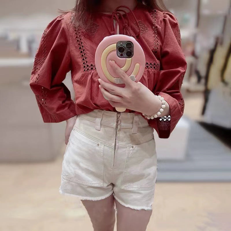 2025 BA Summer 24 New Bohemian Embroidered Tassel Lace-Up Seven-Sleeve Crew Neck Shirt 31887