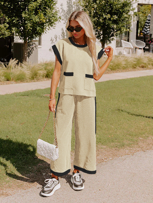 2025 spring and summer New Popular trade color matching pocket shoulder sleeves round neck wide-leg pants waffle suit women