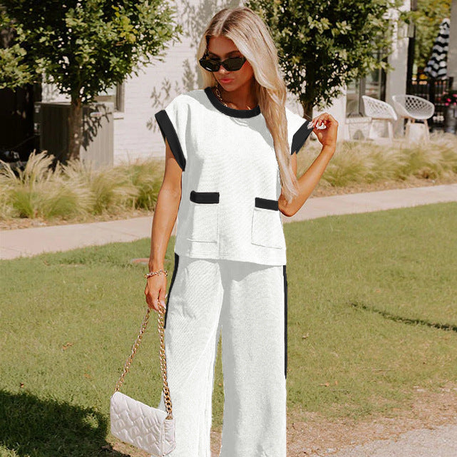 2025 spring and summer New Popular trade color matching pocket shoulder sleeves round neck wide-leg pants waffle suit women