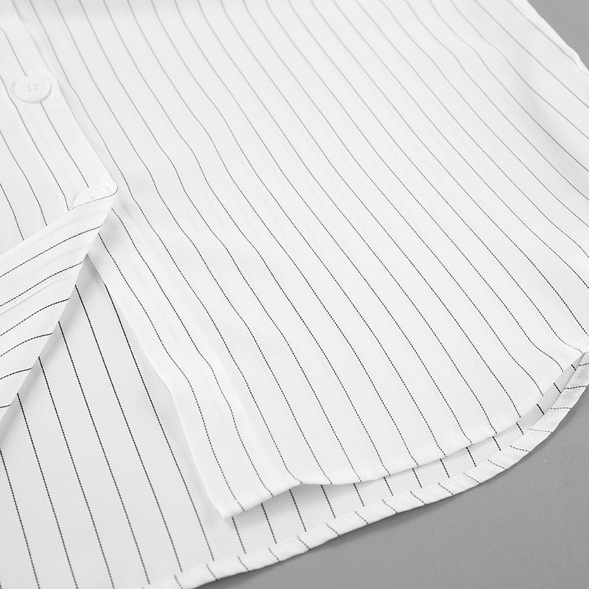 2025 Black and white contrasting color striped lapel long-sleeved shirt dress new autumn fashion Popular trade short skirt women
