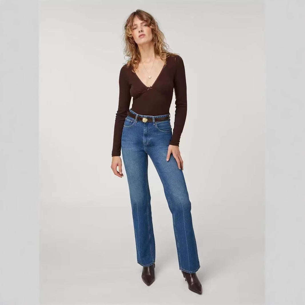 2025 knitted sweater women's RO24 autumn and winter new sexy V-neck bow slim-fitting long-sleeved knitted sweater bottoming shirt