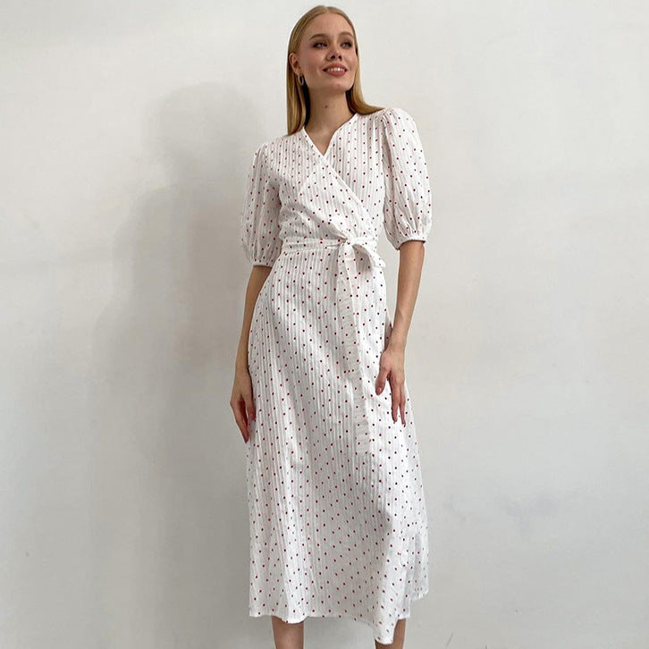 2025 convex jacquard pure cotton V-neck bubble sleeve high waist lace-up dress popular spring and summer fashion medium and long dress