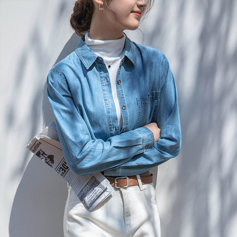 Front shoulder denim shirt women's 2025 spring and autumn new fashion loose retro shirt top design sense women's clothing