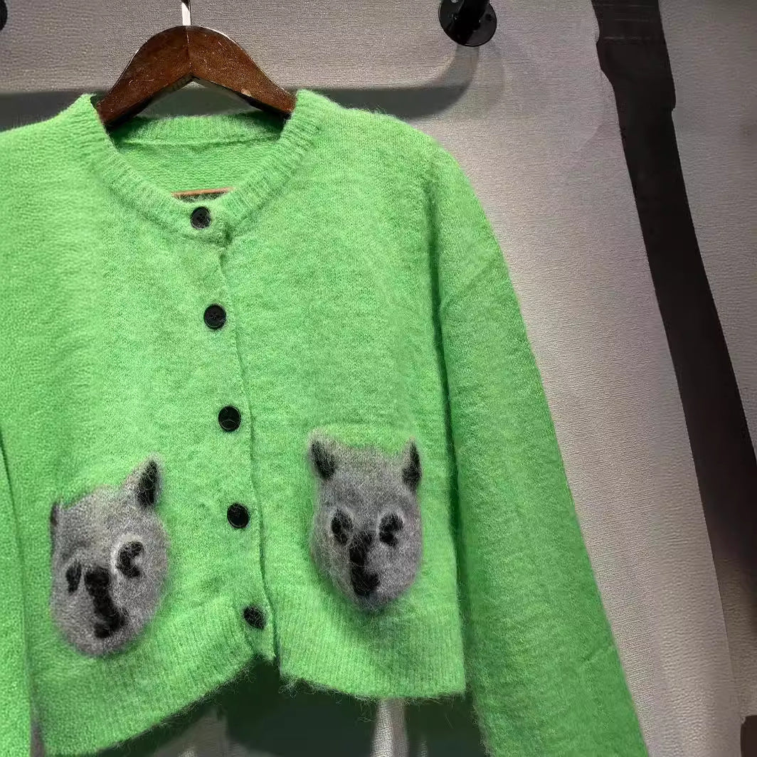 2025 Dong Jie's same knitted sweater cat round neck mohair sweater jacket short slim cardigan sweater inside and outside