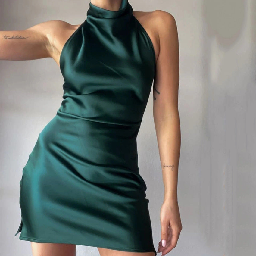 2025 summer neck skirt satin sexy slim sleeveless temperament fashion hip dress women's clothing