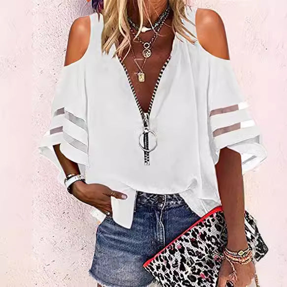 2025 Popular, , 's new V-neck zipper shirt, half-flared sleeve grid splicing, loose casual shirt women