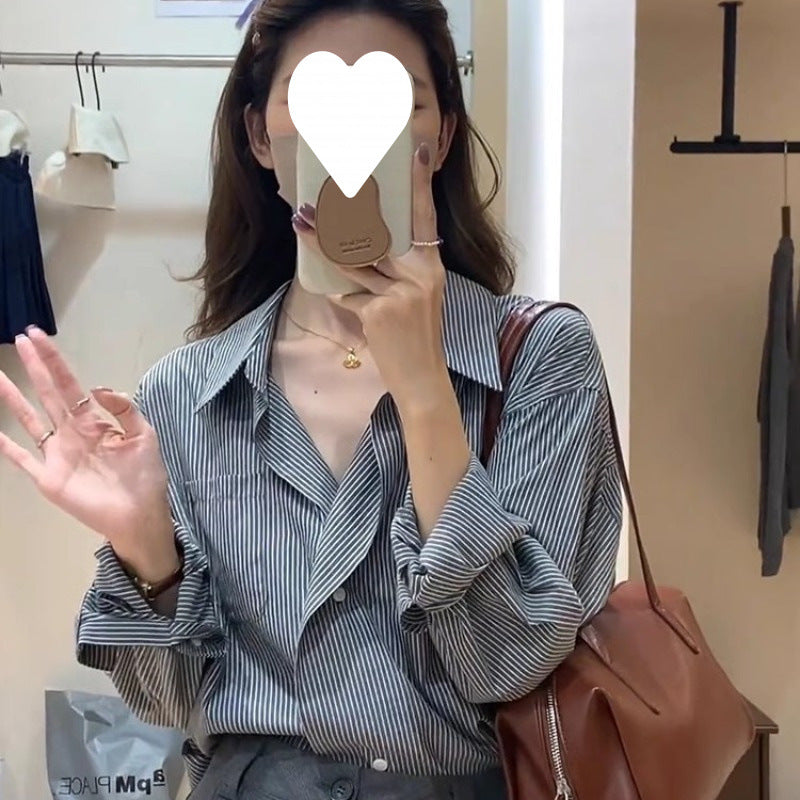2025 spring new blue striped shirt women's niche top small Popular fashion high-end shirt women
