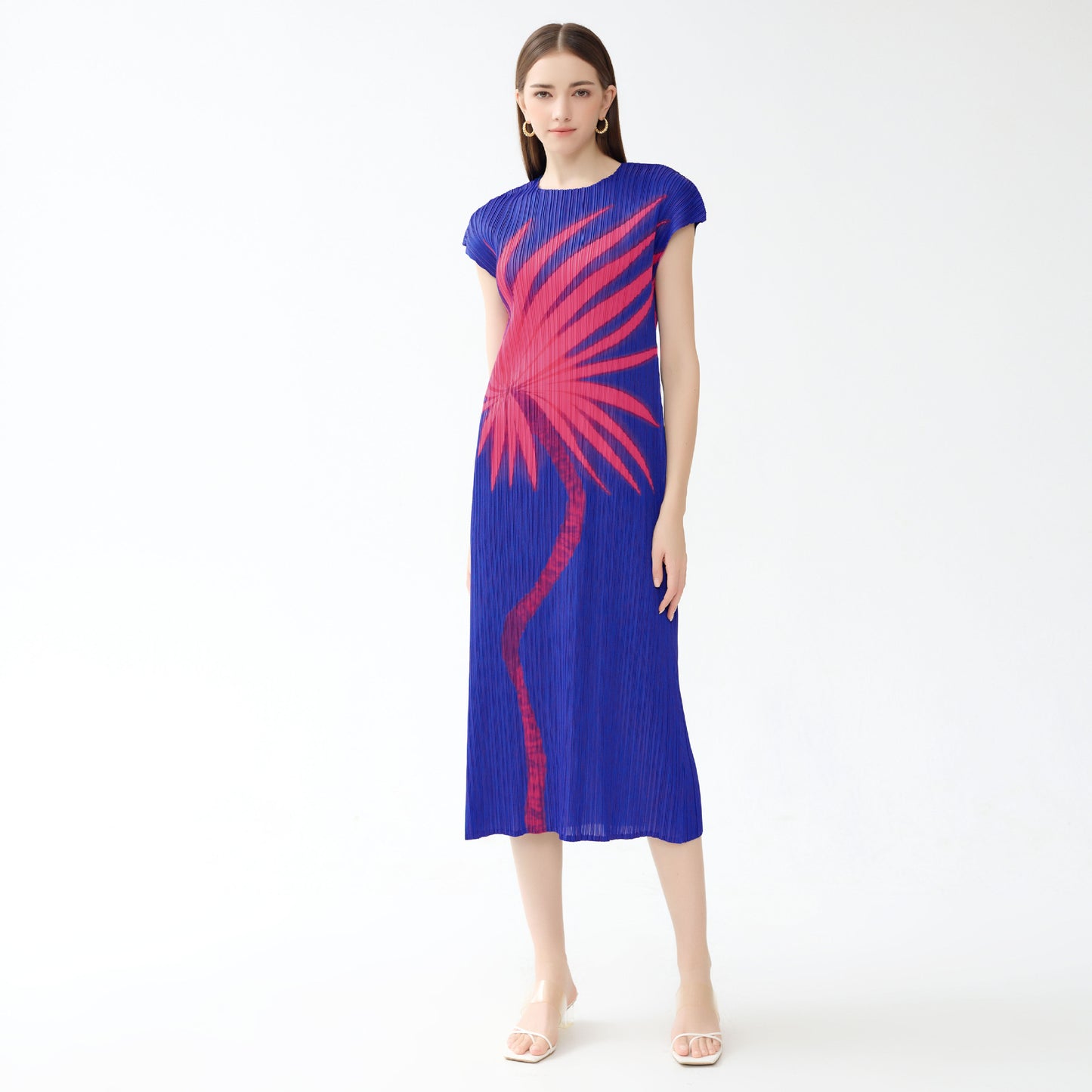Summer women's skirt high-end fashion New casual style large-size dress pleated print crew neck a-shaped skirt