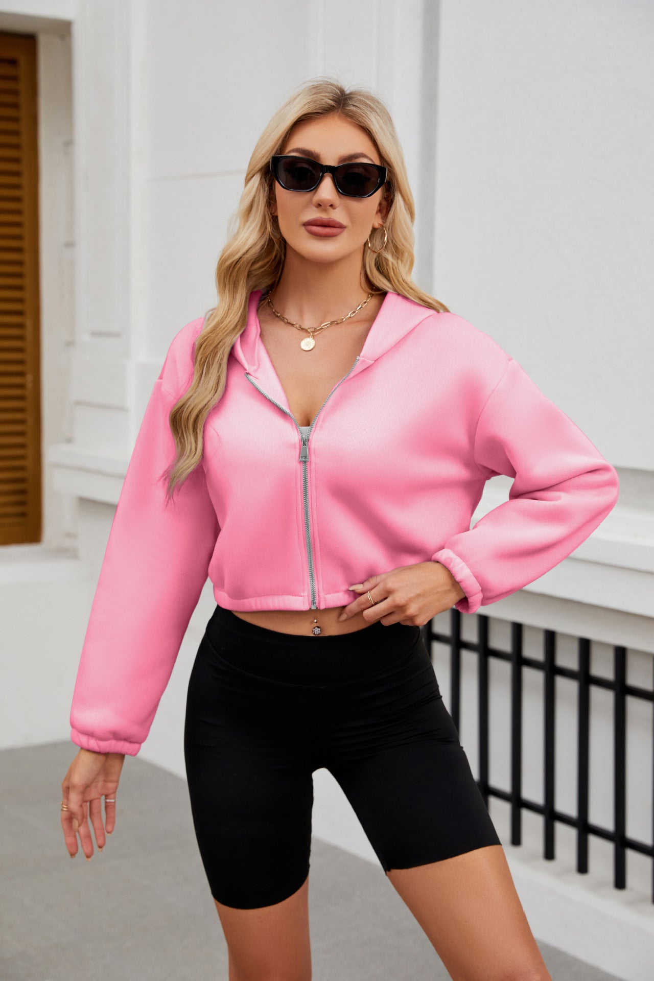 2025 Popular, , New autumn and winter new fashion zipper hooded solid color short long-sleeved sweater women