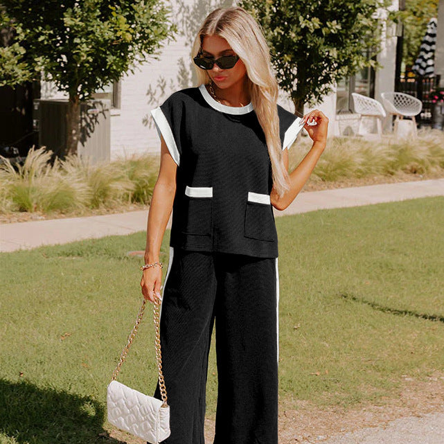 2025 spring and summer New Popular trade color matching pocket shoulder sleeves round neck wide-leg pants waffle suit women