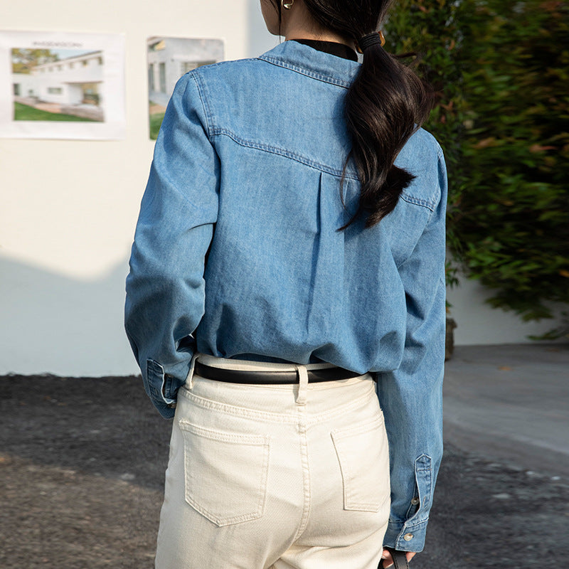 Denim shirt women's inner spring dress new design sense blue coat loose front shoulder stacked shirt long sleeves