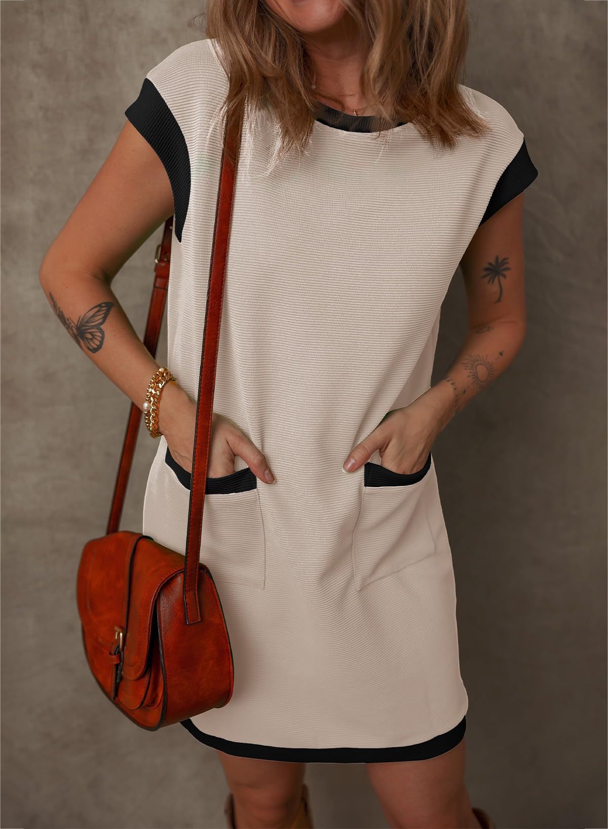 2025 spring and summer New Popular trade pullover pocket cover sleeve color matching straight T-shirt mini dress women