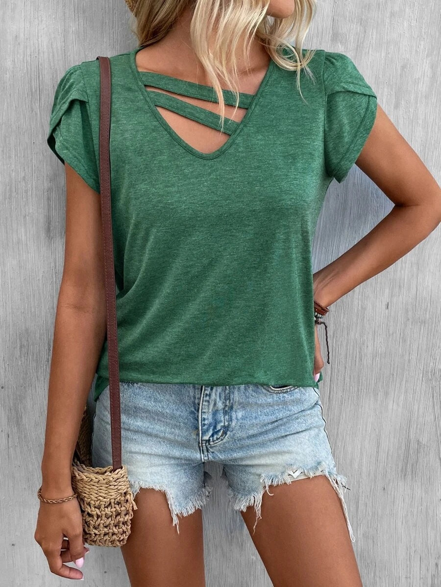 2025 Popular, , New women's clothing summer new solid color V-neck splicing petal sleeves loose t-top women