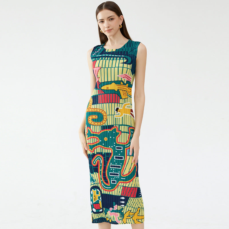 summer new elegant animal waist slim slim round neck temperament pleated casual style dress women