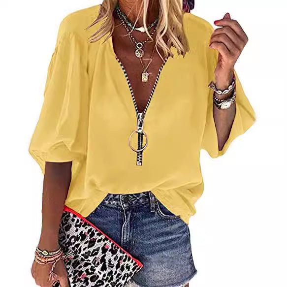 2025 Popular, , spring and summer new solid color long-sleeved V-neck zipper women's shirt women's top