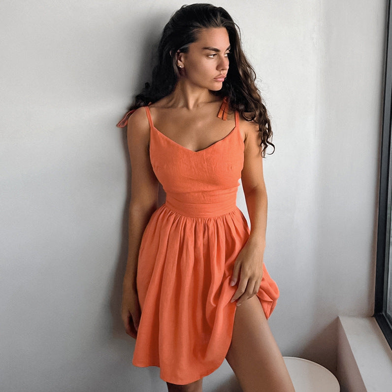 2025 Black cotton and linen V-neck suspender backless high-waisted dress popular spring and summer fashion new wholesale short skirt women