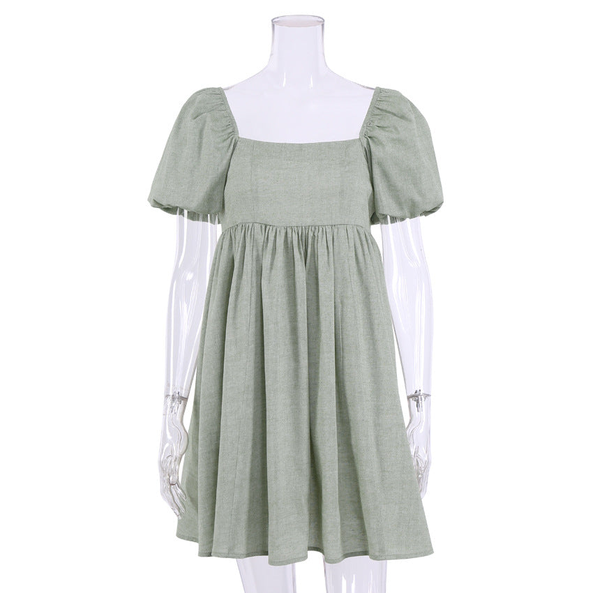 2025 popular autumn new cotton and linen dress women's clothing Popular trade sexy square neck bubble sleeves small fresh A-shaped skirt