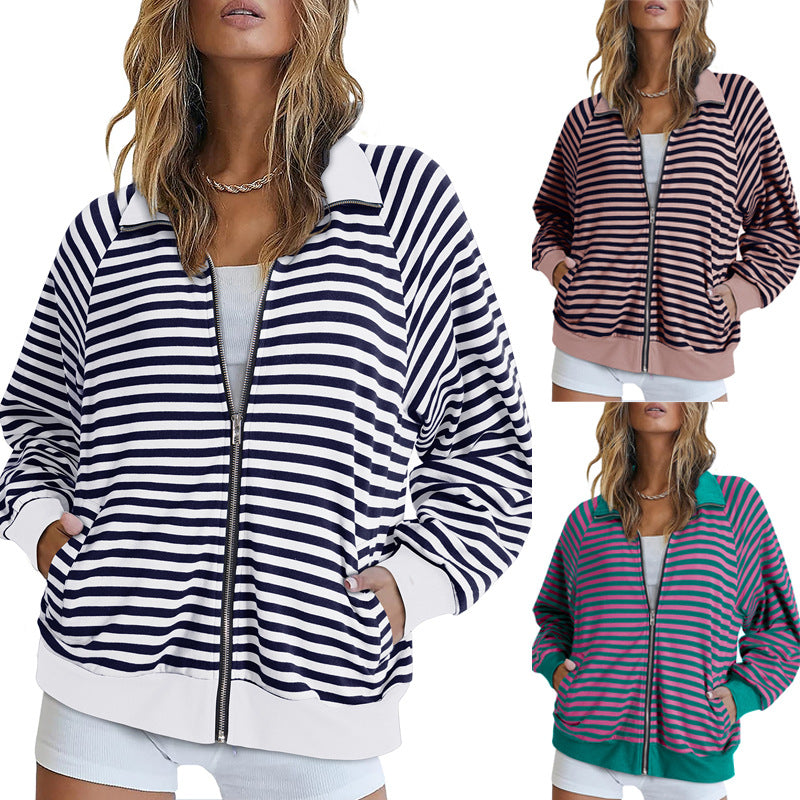 2025 autumn and winter Popular, , New women's clothing new casual shirt striped lapel contrasting cardigan top women