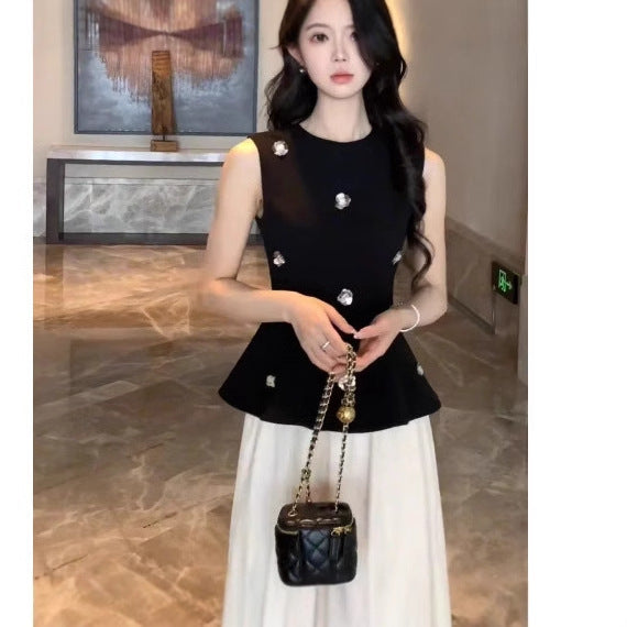 2025 summer new temperament new sleeveless black vest top slim temperament waist skirt suit women's clothing