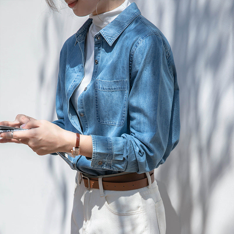 Front shoulder denim shirt women's 2025 spring and autumn new fashion loose retro shirt top design sense women's clothing