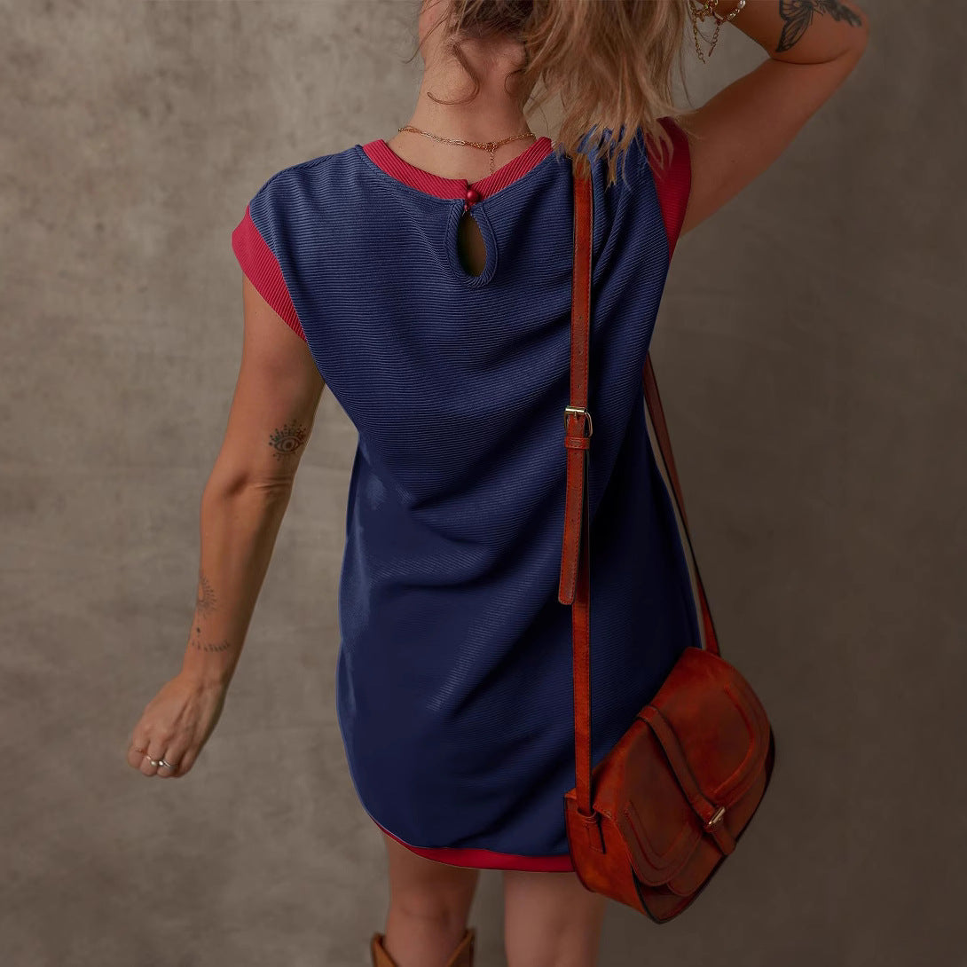2025 spring and summer New Popular trade pullover pocket cover sleeve color matching straight T-shirt mini dress women