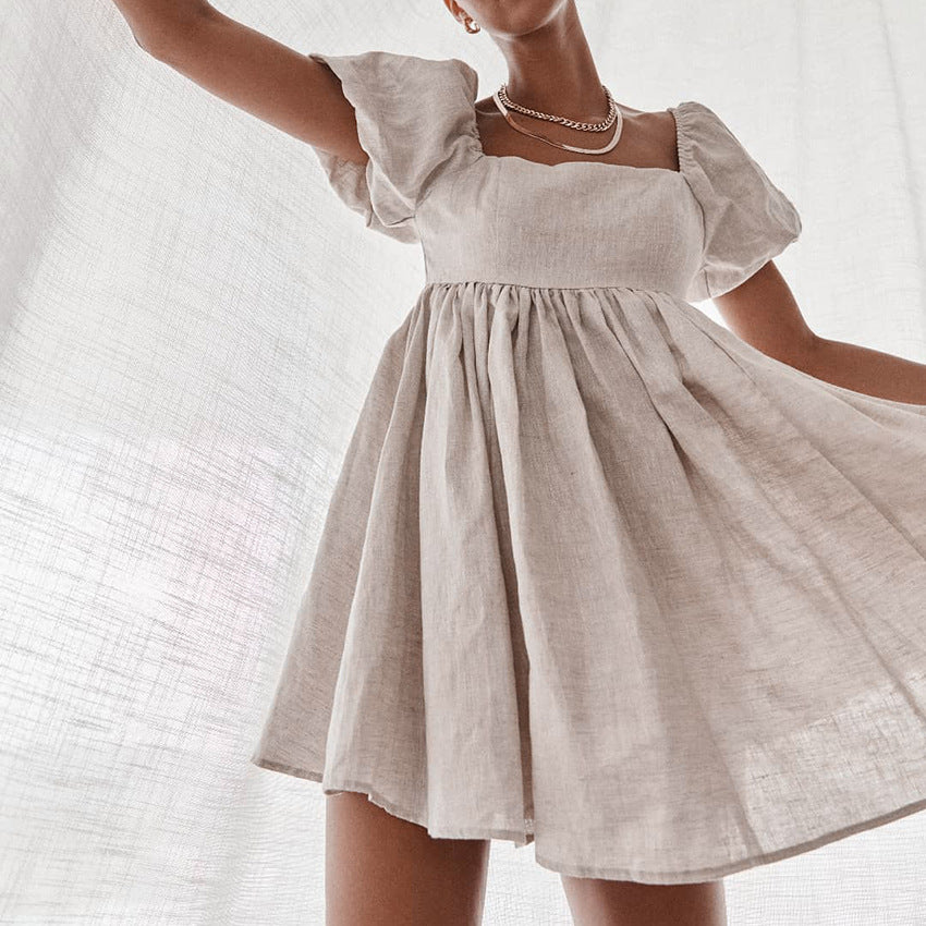 2025 popular autumn new cotton and linen dress women's clothing Popular trade sexy square neck bubble sleeves small fresh A-shaped skirt