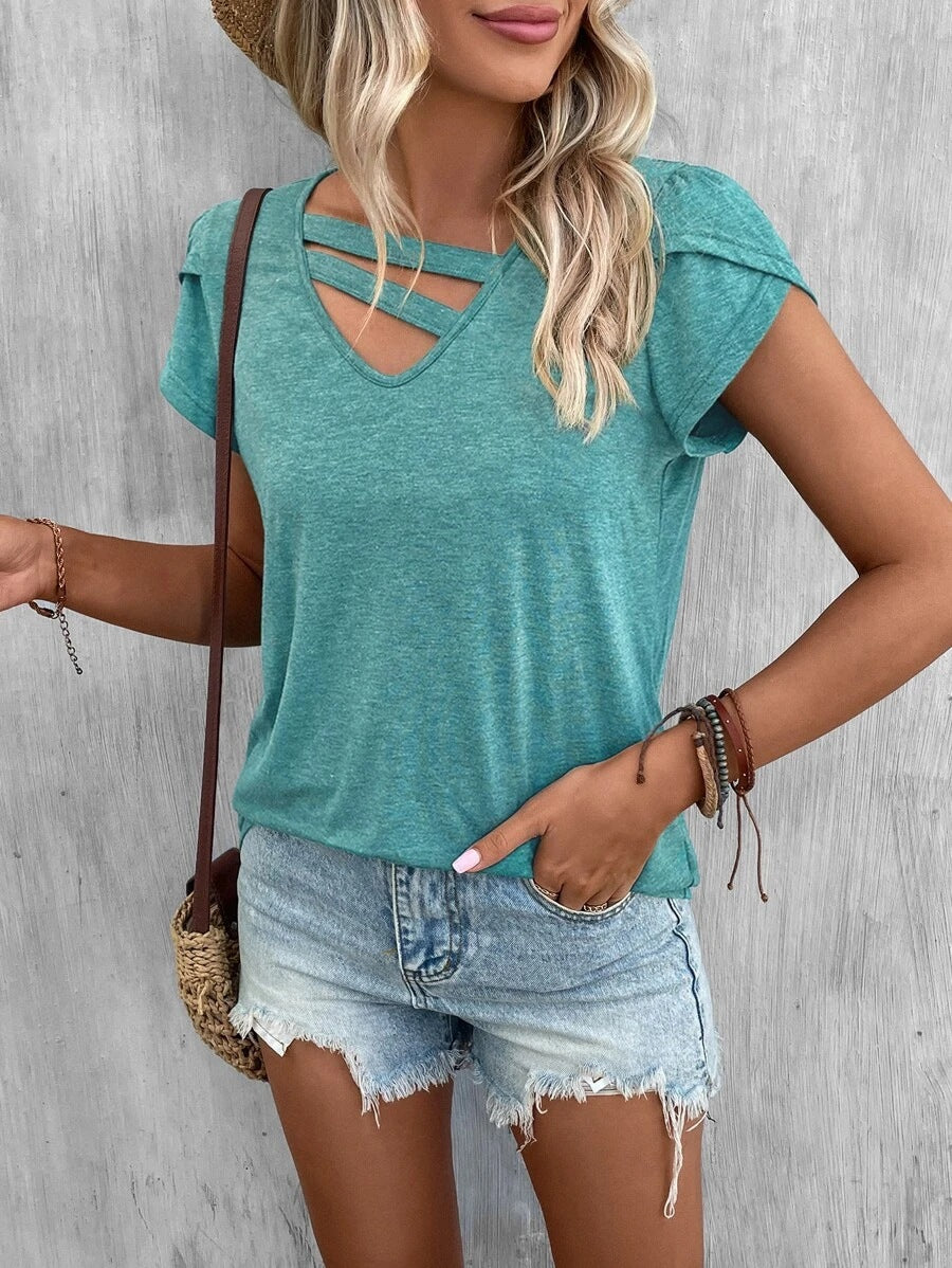 2025 Popular, , New women's clothing summer new solid color V-neck splicing petal sleeves loose t-top women