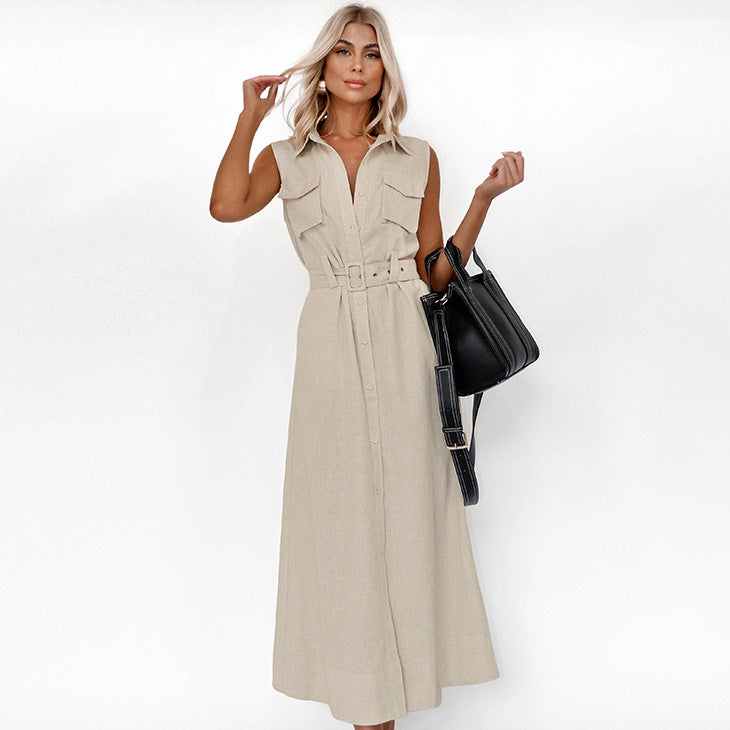 2025 Khaki cotton and linen sleeveless temperament belt lapel high waist dress popular spring fashion Popular trade dress