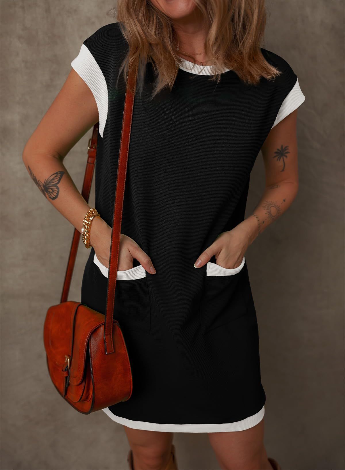 2025 spring and summer New Popular trade pullover pocket cover sleeve color matching straight T-shirt mini dress women