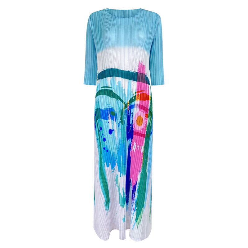 Fashion niche oil painting dress women's spring thin temperament long dress new high-end printed skirt