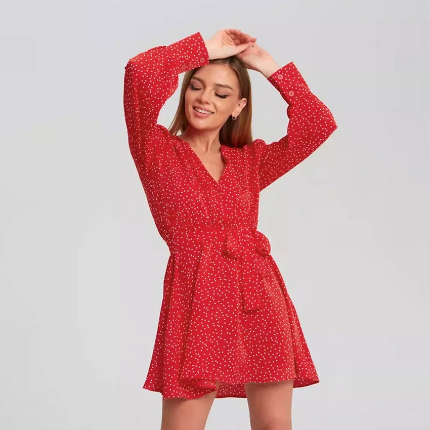 2025 Spring retro fashion polka dot V-neck bubble sleeve dress New casual wildberries sexy short dress women