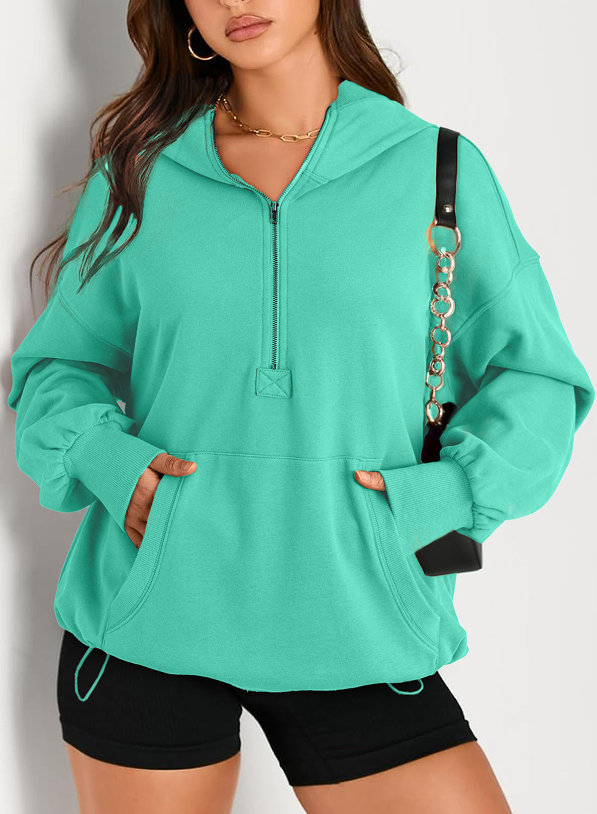 2025 autumn and winter New women's solid color long-sleeved hooded solid color zipper pocket sweater women's top
