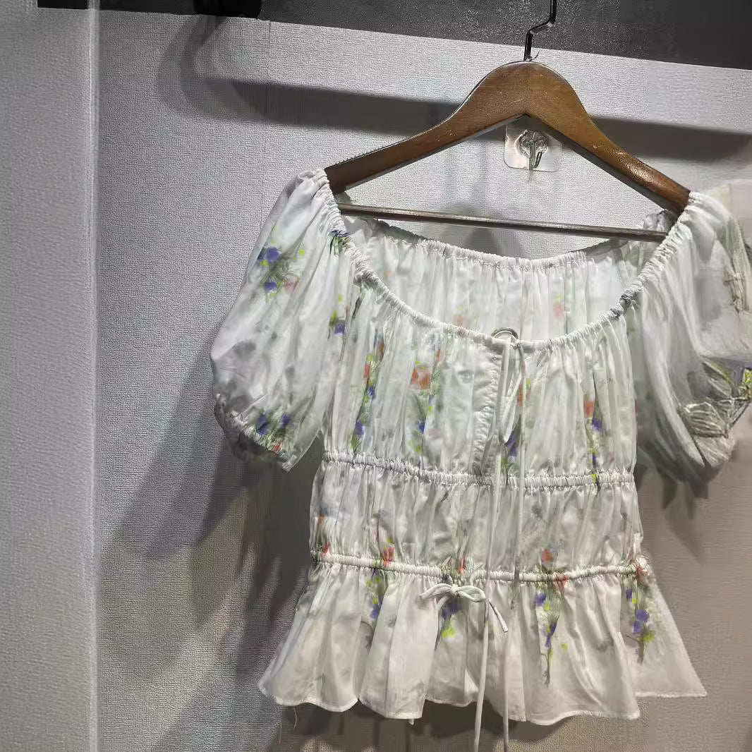 2025 n DO24 spring and summer new lace-up pure flower drawstring large round neck bubble sleeve shirt 31865