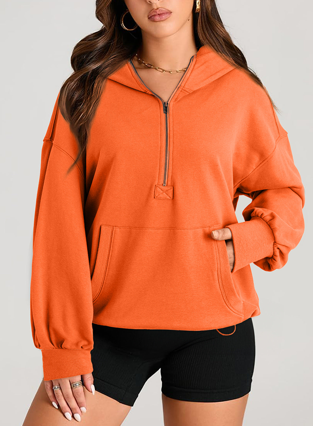 2025 autumn and winter New women's solid color long-sleeved hooded solid color zipper pocket sweater women's top