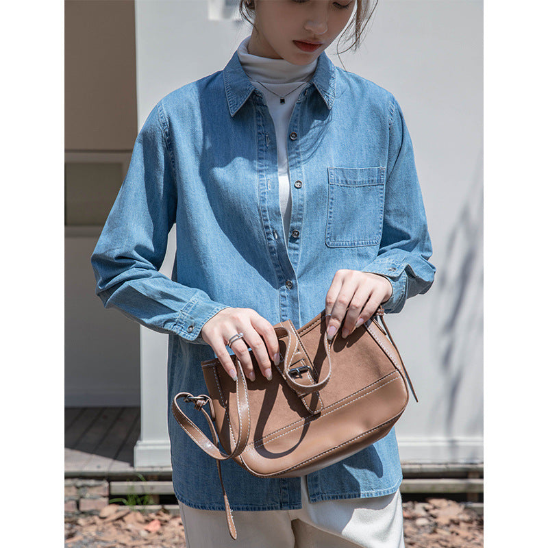 Front shoulder denim shirt women's 2025 spring and autumn new fashion loose retro shirt top design sense women's clothing