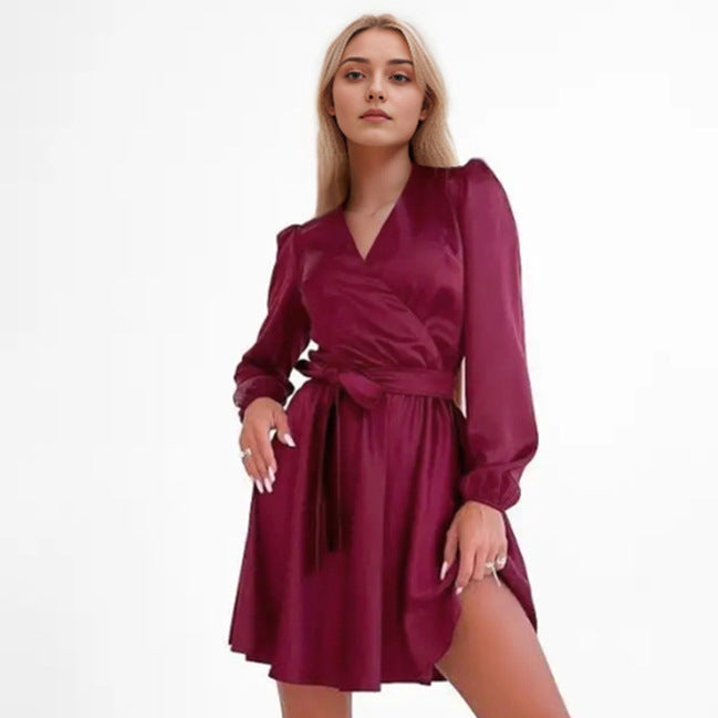 2025 Green satin V-neck lantern sleeve lace-up apron dress popularwildberries spring hot new products women