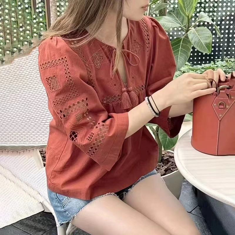 2025 BA Summer 24 New Bohemian Embroidered Tassel Lace-Up Seven-Sleeve Crew Neck Shirt 31887
