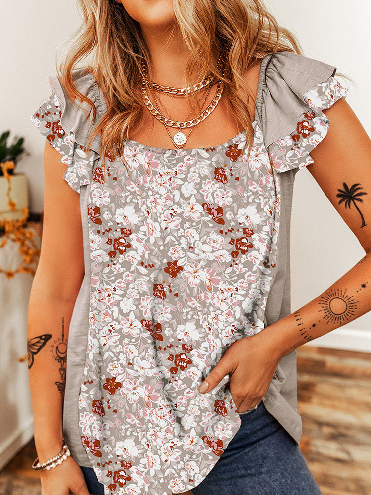 2025 spring and summer New Popular trade pleated short-sleeved bohemian flower printed vest T-shirt top