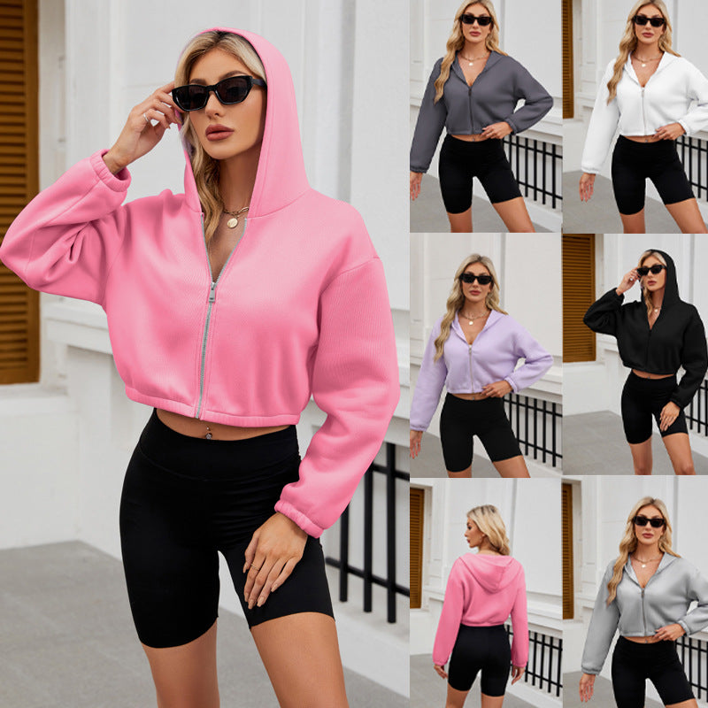 2025 Popular, , New autumn and winter new fashion zipper hooded solid color short long-sleeved sweater women