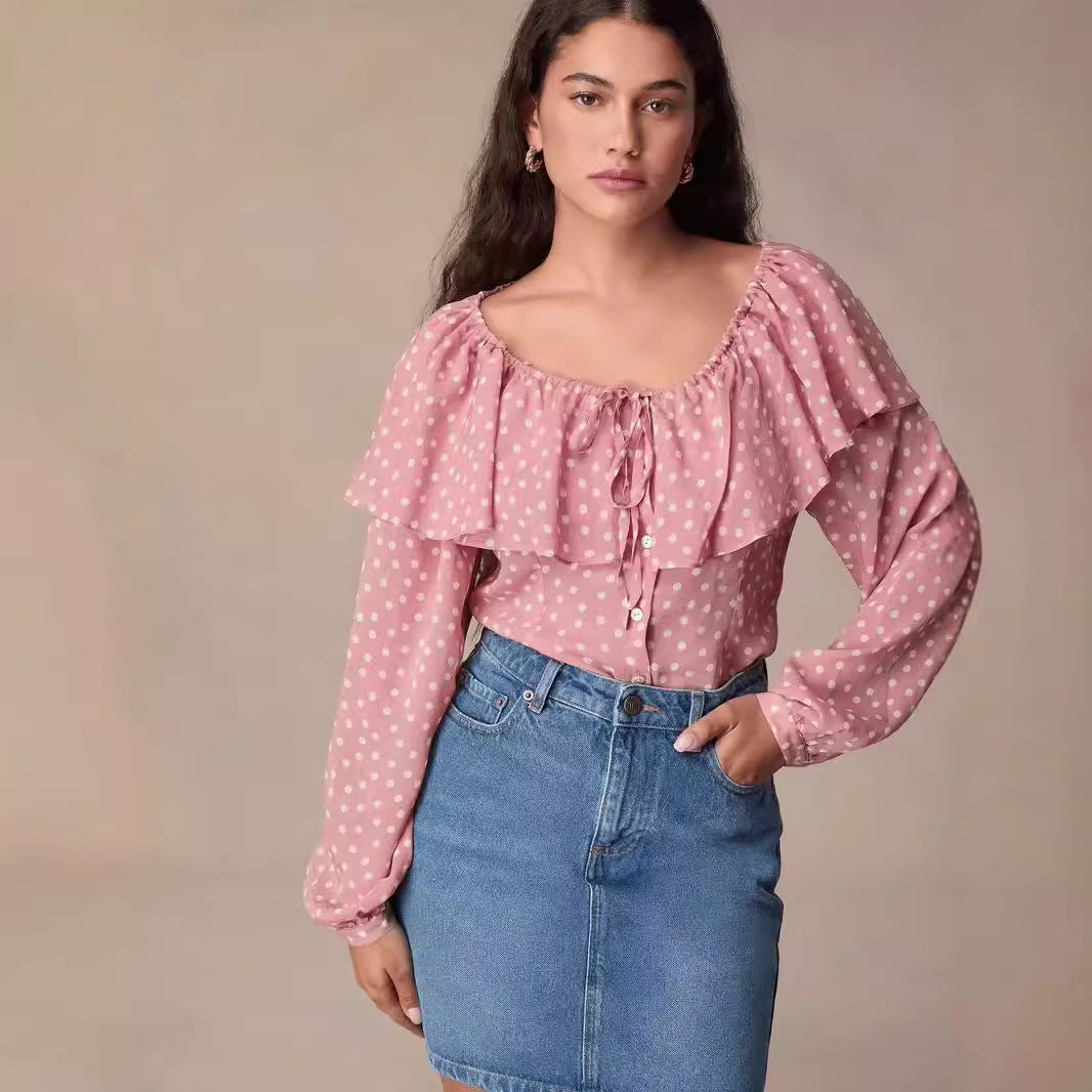 2025 RO24 early autumn new pink polka dot print lapel tie bubble sleeve shirt top women 31985