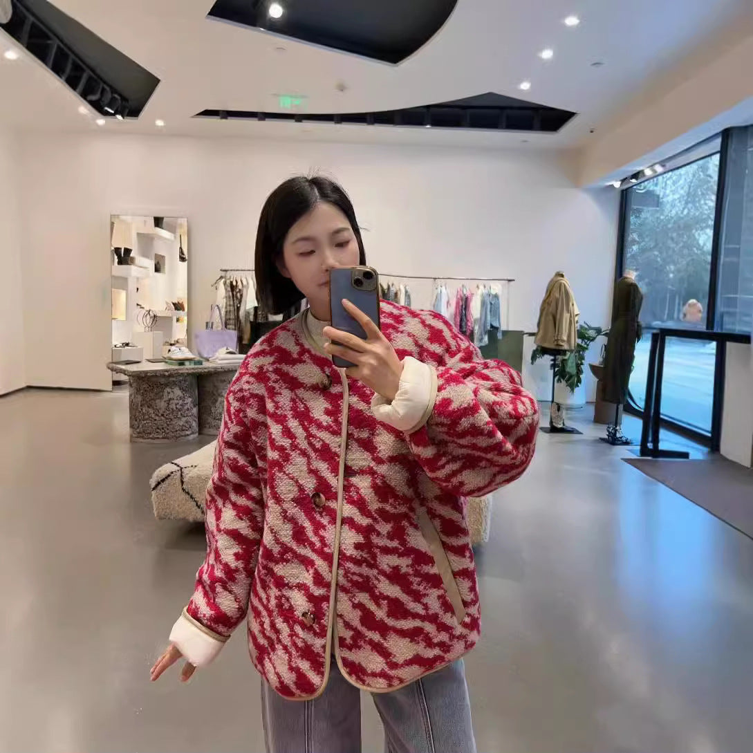 2025 IS24 early autumn new zebra pattern jacket double-sided fleece round neck wool blend cotton jacket