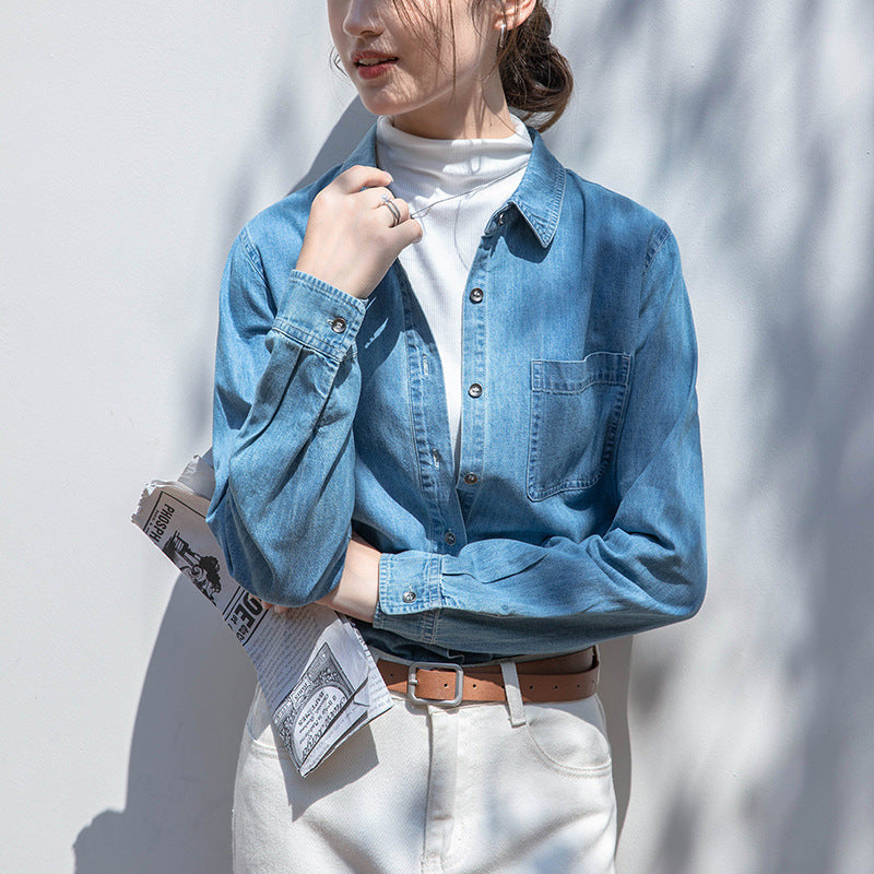 Front shoulder denim shirt women's 2025 spring and autumn new fashion loose retro shirt top design sense women's clothing